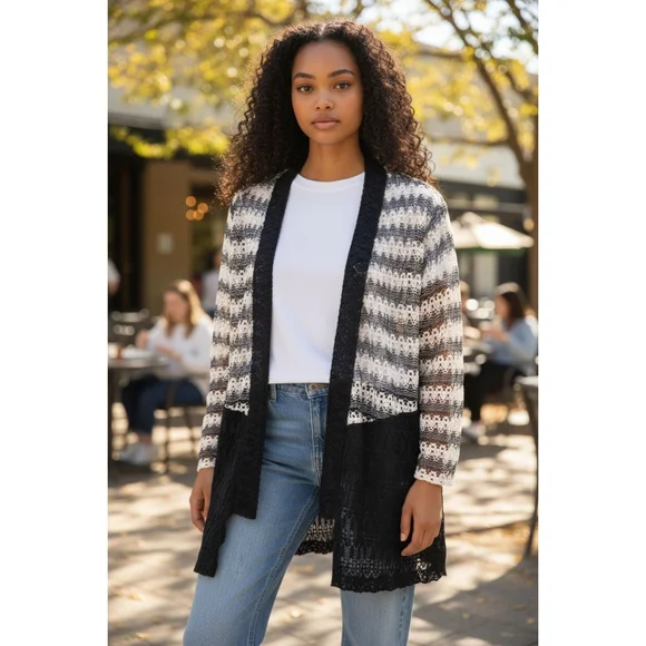 Alfred Dunner Black and White Open-Front Cardigan - Picture 1 of 5